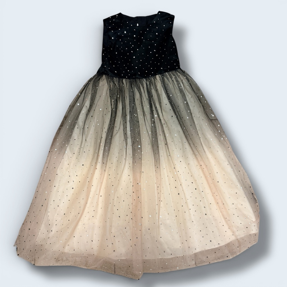 Girls Celestial Star Moon Tulle Dress Black Champagne Ombre Size 10–12